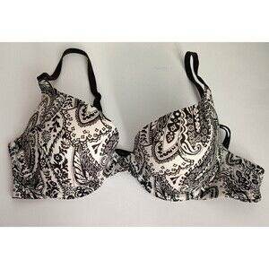 Victoria's Secret Bra Size 34 B Lined Demi Embellished Paisley Print Black White
